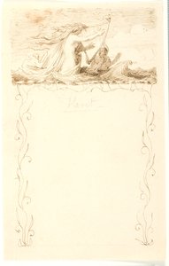 Vignet met harp spelende zeemeermin; hieronder ornamentomlijsting