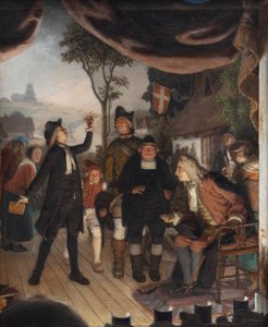 Ludvig Holberg woont een repetitie bij van zijn toneelstuk Erasmus Montanus, Act IV, Scène 2 door Lorenz Frølich