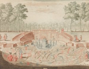 De Fontein van de Koninklijke door-eengevlochten Naam, voor de vijver, in: Tooneel Der Voor..., n.d.