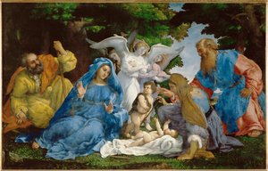 De Heilige Familie met drie engelen, de jonge Johannes ... door Lorenzo (workshop of) Lotto