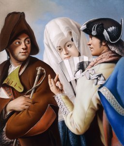 Een Heer in een Frygische Muts aangesproken door een Heer in een gele Jas en zwarte Driekantige Hoed met een Dame in een blauwe Brokaatjurk en witte Mantilla door Lorenzo Baldissera Tiepolo