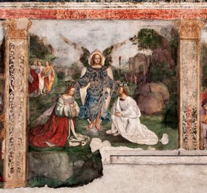 Leven van St. Cecilia: de heilige en St. Valeriaan gekroond door een engel door Lorenzo Costa