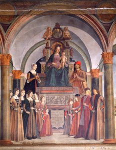 Madonna en kind met engelen door Lorenzo Costa, Bentivoglio-kapel in de kerk van San Giacomo Maggiore, Bologna, Italië door Lorenzo Costa