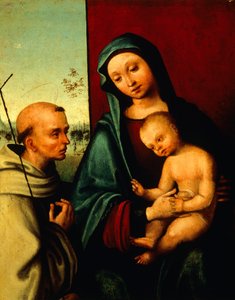 Madonna met kind en St. Franciscus, detail door Lorenzo Costa