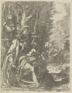 Heilige Familie met de jonge Johannes de Doper in een landschap door Lorenzo Gamberati