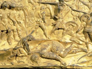 David en Goliath, detail van het originele paneel van de oostdeuren van de doopkapel, 1425-52 (na restauratie)