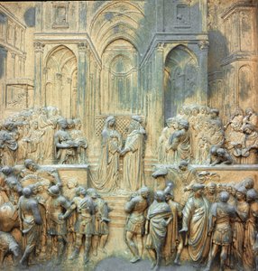 Koning Salomo ontvangt de koningin van Saba in de Laagreliëftempel van Lorenzo Ghiberti door Lorenzo Ghiberti