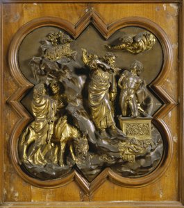 Het offer van Isaac. Origineel paneel van de Paradijsdeur (oostdeur van de Baptisterium), na restauratie. Verguld brons van Lorenzo Ghiberti (1378-1455), 1425-52. Museo dell Bargello, Florence.