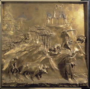 Leven van Kaïn en Abel: het offer, de moord op Abel en God die Kaïn verbant. Origineel paneel van de deur van het Paradijs door Lorenzo Ghiberti