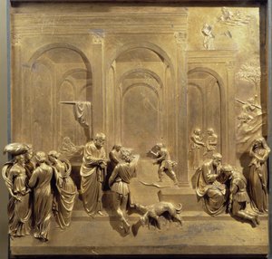Leven van Jakob en Esau: Esau verkoopt zijn eerstgeboorterecht en Isaak zegent Jakob. Origineel paneel van de deur van het Paradijs door Lorenzo Ghiberti