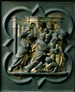 Noordpoort (genoemd Poort van het Kruis, in het noorden), buitendetail: Jezus verjaagt de handelaars uit de tempel door Lorenzo Ghiberti