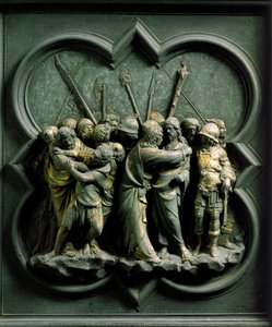 Noordpoort (genaamd Poort van het Kruis, in het noorden), exterieur detail: De Kus van Judas, bronzen sculptuur gemaakt door Lorenzo Ghiberti door Lorenzo Ghiberti