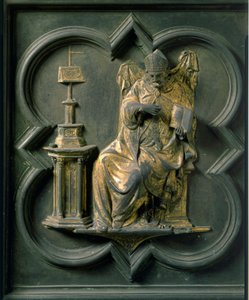 Noordpoort (genaamd Kruispoort, naar het noorden), exterieur detail: Sint Augustinus. Bronzen sculptuur gemaakt door Lorenzo Ghiberti door Lorenzo Ghiberti