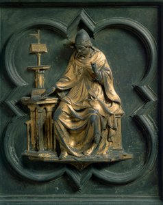 Noordpoort (genoemd Poort van het Kruis, noord), exterieur detail: Sint Gregorius de Grote. Bronzen sculptuur gemaakt door Lorenzo Ghiberti