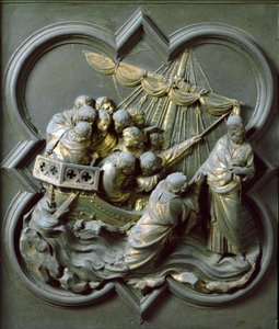 Noordpoort (genoemd Poort van het Kruis, in het noorden), buitendetail: Christus loopt op water door Lorenzo Ghiberti