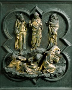 Noordpoort (genoemd Poort van het Kruis, in het noorden), exterieur detail: "De Transfiguratie" Bronzen sculptuur gemaakt door Lorenzo Ghiberti