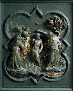 Noordpoort (genoemd Poort van het Kruis, in het noorden), exterieur detail: "De doop van Christus" Bronzen sculptuur gemaakt door Lorenzo Ghiberti
