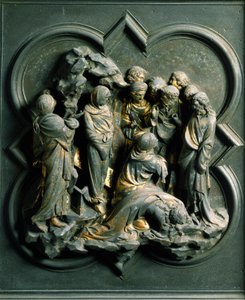 Noordpoort (ook wel Kruispoort genoemd, in het noorden), exterieur detail: de opstanding van Lazarus. Bronzen sculptuur gemaakt door Lorenzo Ghiberti