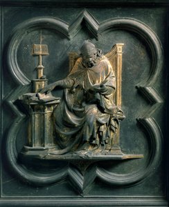 Noordpoort (genoemd Poort van het Kruis, noord), exterieur detail: Sint Ambrosius. Bronzen sculptuur gemaakt door Lorenzo Ghiberti