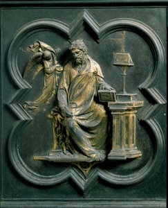 Noordpoort (genoemd Poort van het Kruis, naar het noorden), exterieur detail: Sint Mattheüs. Bronzen sculptuur gemaakt door Lorenzo Ghiberti door Lorenzo Ghiberti