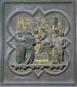 Pontius Pilatus wast zijn handen voor Christus, zestiende paneel van de Noorddeuren van het Baptisterium van San Giovanni, 1403-24