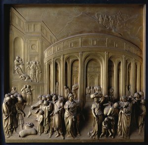 Het Verhaal van Jozef: Jozef verkocht als Slaaf, Het Vinden van de Zilveren Beker en Jozef herkend door zijn Broers, een van de tien reliëfpanelen van de Poorten van het Paradijs door Lorenzo Ghiberti