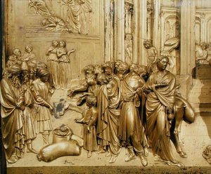 Het verhaal van Jozef, detail (detail) van het vinden van de zilveren beker, van het originele paneel van de oostdeuren van de doopkapel