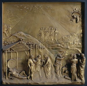 Het Verhaal van Noach: de Uittocht uit de Ark, de Dronkenschap van Noach en zijn Offer aan God, een van tien reliëfpanelen van de Poorten van het Paradijs (Oostdeuren), 1425-52 door Lorenzo Ghiberti