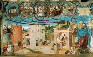 Linkerzijde van de Capella Suardi, Kerk Santa Barbara in Bergamo ... (muurschildering) door Lorenzo Lotto