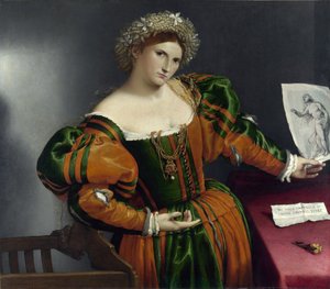 Portret van een Venetiaanse als Lucrezia door Lorenzo Lotto