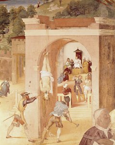Scènes uit het leven van St. Barbara, detail van St. Barbara overgedragen aan de Romeinse prelaat Marcian en vervolgens gemarteld