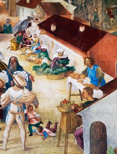 Soldaten, boeren en markt, detail uit Verhalen van Sint Barbara door Lorenzo Lotto