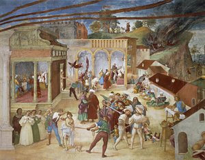 St. Barbara die door de straten van de stad wordt geleid, detail van Christus-Wijnstok en Legende van Sint Barbara door Lorenzo Lotto (circa 1480 - 1556), fresco, detail, Villa Suardi, Capella Suardi, Trescore Balneario