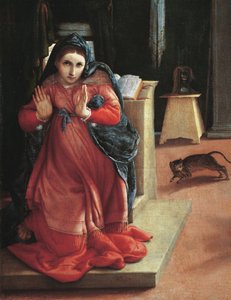 De Annunciatie (detail) Schilderij door Lorenzo Lotto (1480-1556) 1535 Pinacoteca Civica, Recanati, Italië door Lorenzo Lotto