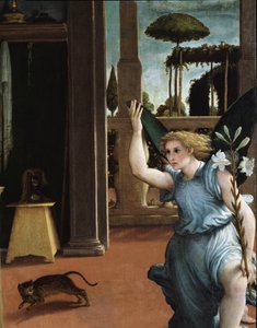 De Annunciatie (detail van de Engel) door Lorenzo Lotto
