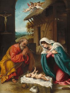 De geboorte, 1523 door Lorenzo Lotto