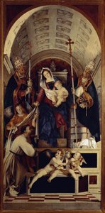 De Maagd en Kind met Sint Dominica, Sint Gregoire en Sint Urban - Centraal deel van het Recanati polyptiek (1508) door Lorenzo Lotto