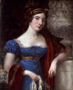 Dame in een blauw jurkje met kanten rand