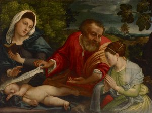 De Heilige Familie met een donatrice als Sint-Catharina van Alexandrië door Lorenzo attr. to Lotto