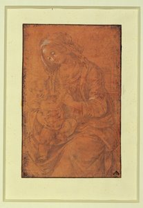 Madonna. Zilveren penpunt, wit gehoogd op zalmroze papier ...