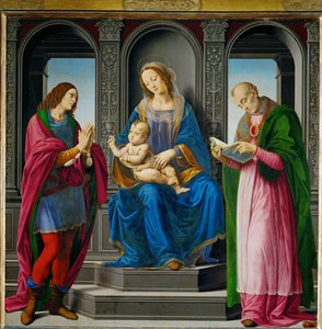 Madonna met kind, omringd door Sint-Juliaan en Sint-Nicolaas van Myra ...