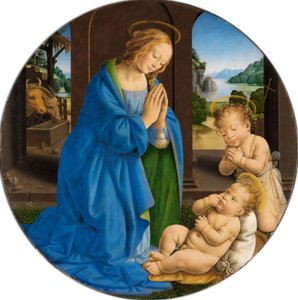 Maria die het Kind aanbidt, met de jonge Johannes door Lorenzo di Credi