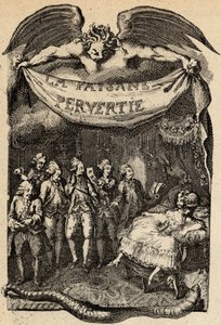 Illustratie voor La Paysanne pervertie ou les Dangers de la ville door Restif de La Bretonne (1734-1806) Franse schrijver. Gravure door Binet uit de 18e eeuw.