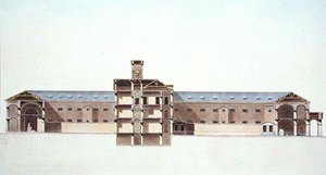 Doorsnede van de nieuwe gevangenis in Brussel, uit Choix des Monuments, Edifices et Maisons les plus remarquables du Royaume des Pays-Bas door Pierre Jacques Goetghebuer, gegraveerd door de auteur, gepubliceerd 1827 door Louis (after) Damesme