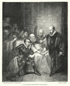 Alva eist de Eed van Trouw (gravure) door Louis (after) Gallait