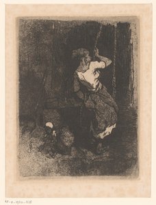 Vrouw haalt water uit een put, naast haar een zittend kind door Louis Adolphe Hervier (attributed to)
