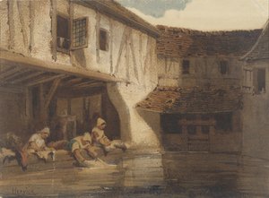 Wassende vrouwen in een open hal van een huizencomplex aan het water door Louis Adolphe Hervier (signed by artist)