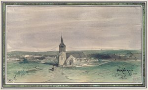 Kerk en dorp in het midden van een veld, Montigny, 1866 door Louis Adolphe Hervier
