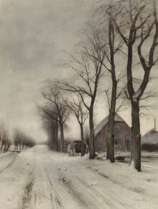 Winterlandschap met boerderij aan een laan door Louis Apol