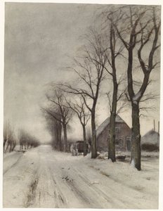 Winterlandschap met boerderij aan een laan door Louis Apol